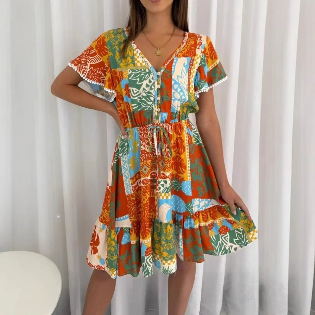 

Casual Loose Leopard Print Dress Women Summer V-neck Short-sleeved Button Dresses Bohemian Beach Lace-up Dress For Women 2025