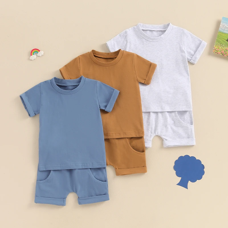 0-3Y Toddler Boys Summer Outfits Solid Color Rolled Hem Short Sleeve T-Shirts Tops Elastic Waist Shorts 2Pcs Clothes Set