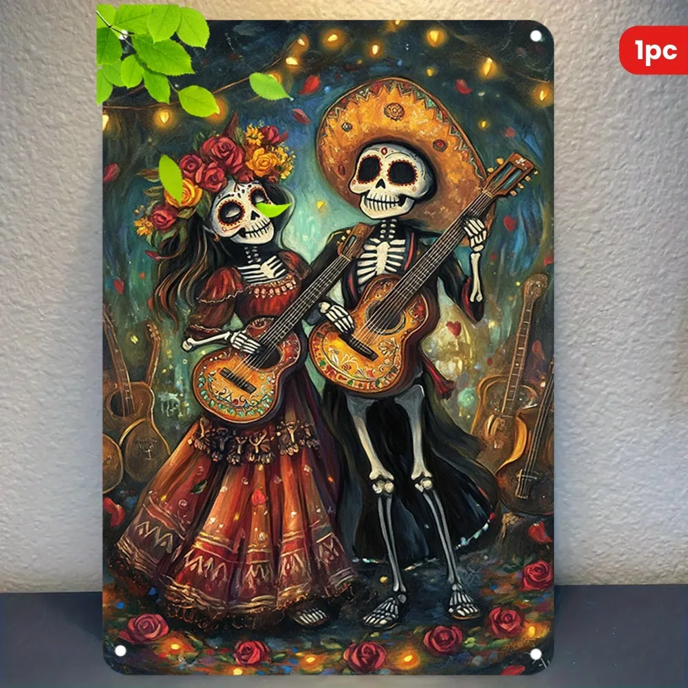Casa e decoração sazonal sinal de alumínio de metal-esqueleto bonito casal guitarra arte impressão para casa restaurante bar café garagem