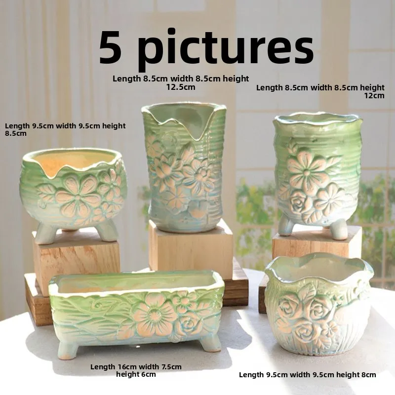 Fresh and Breathable Long, Medium To Small Sized Coarse Ceramic Garden Pot, Meat and Plant Combination Set Ceramic Flower Pot