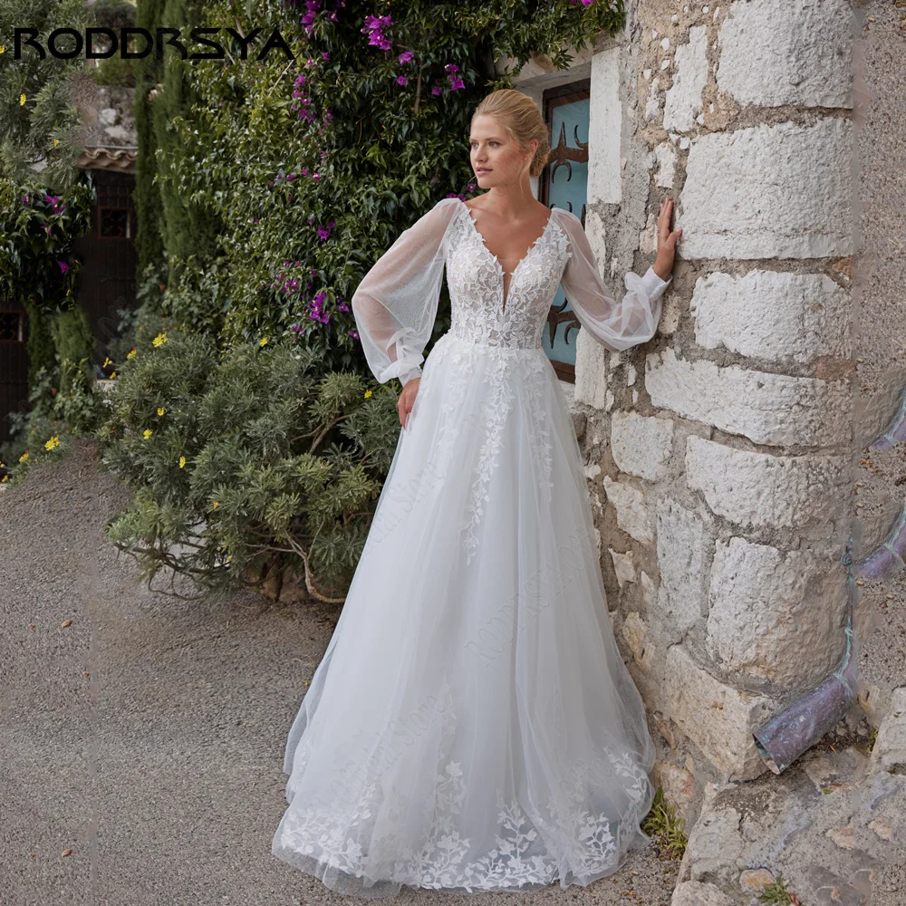 RODRSYA Classico Pizzo Abito da sposa 2024 Maniche Puff A-Line Abiti da sposa TullRODDRSYA abito da sposa classico in pizzo 2024 maniche a sbuffo abiti a trapezio Tulle doppio scollo a v Applique Boho Vestidos De Novia