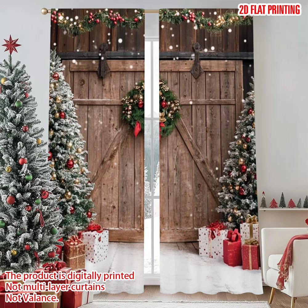

2pcs 2D flat printing Merry Christmas Window Drapes Christmas barn door 100% Polyester Without Electricity Party Decorations