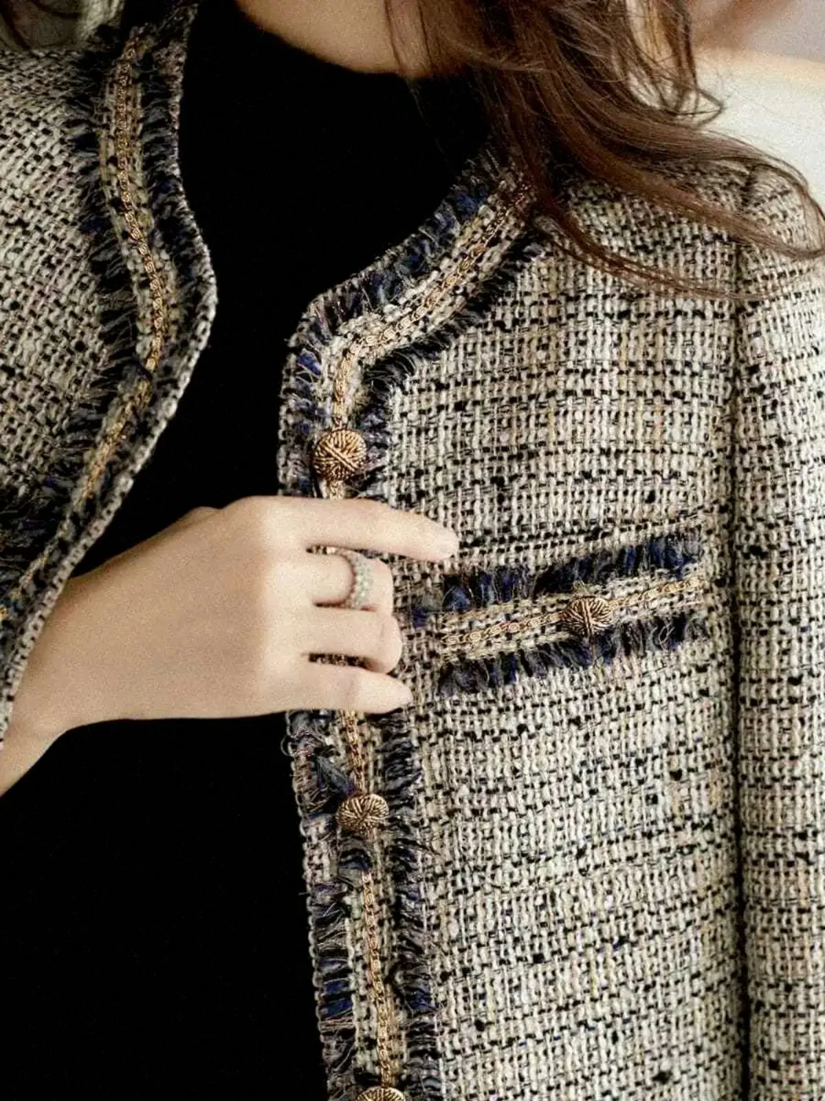 Fashionable Short Coat Women's round Neck Lace Trim Thick Tweed Autumn Winter New Style Small Fragrance Style Versatile Top