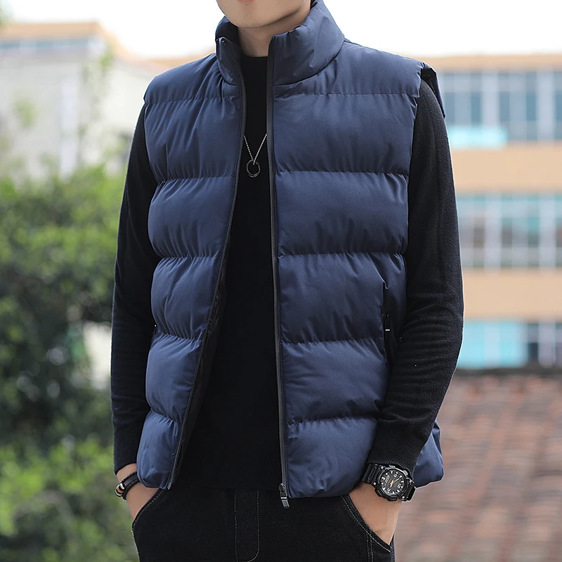 Man New Fashion Solid Color Warm Vest For Autumn And Winter Double Pocket Stand Up Collar Zipper Vest