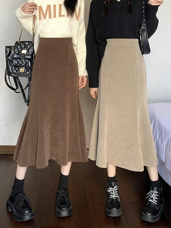 

Женская юбка-миди из вельвета с высокой талией, фасон «рыбий хвост», весенняя новинка, утягивающая, маленького размера, в стиле ретро, простой дизайн