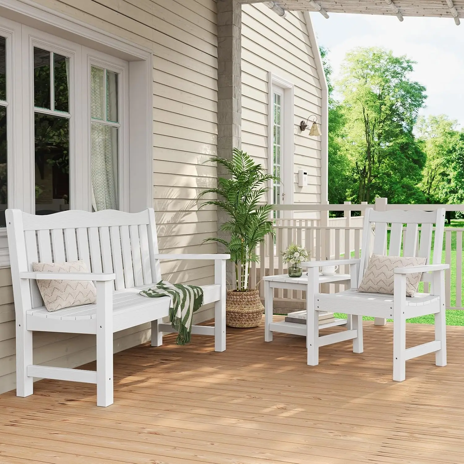 

Garden Benches Set of 2 All-Weather HIPS Outdoor Bench with 800 lbs Weight Capacity Never Rot or Fade for Garden Porch White