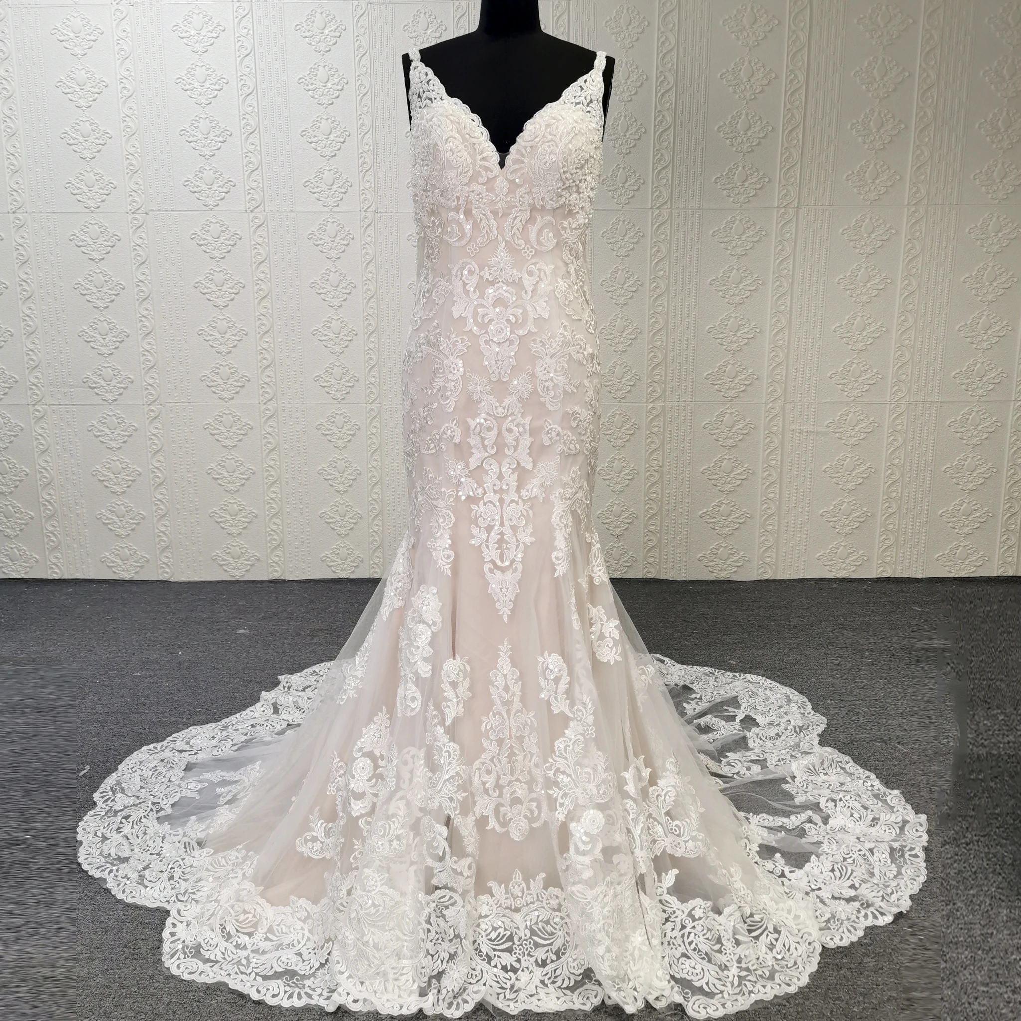 Rosymae elegante vestido de noiva estilo trompete com decote em V profundo sobreposição de renda elegante vestido de noiva