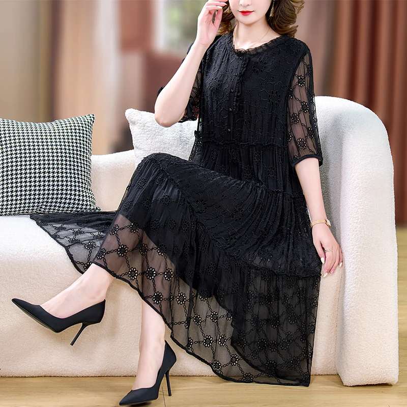 

2023 Summer New Silk Short Sleeve Embroidery Dress Women's Bohemian Loose Large Black Lace Hollow Out Slim Long Dress