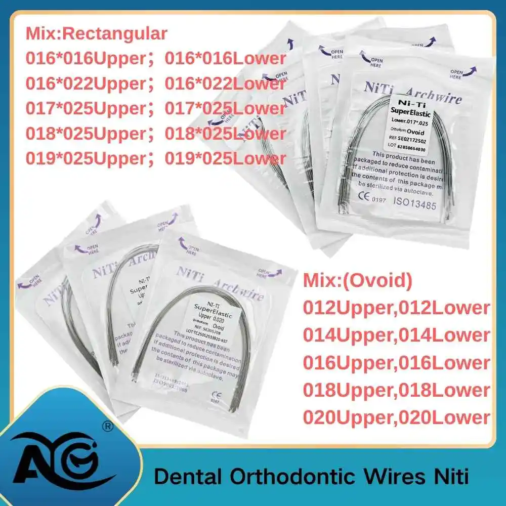 AG 100 Piezas/10 Paquetes de Alambres de Arco Dentales, Alambres de Arco Ortodónticos Superelásticos de NITI, Redondos y Rectangulares, Inferiores/Superiores 012/014/016/16x16/16x22