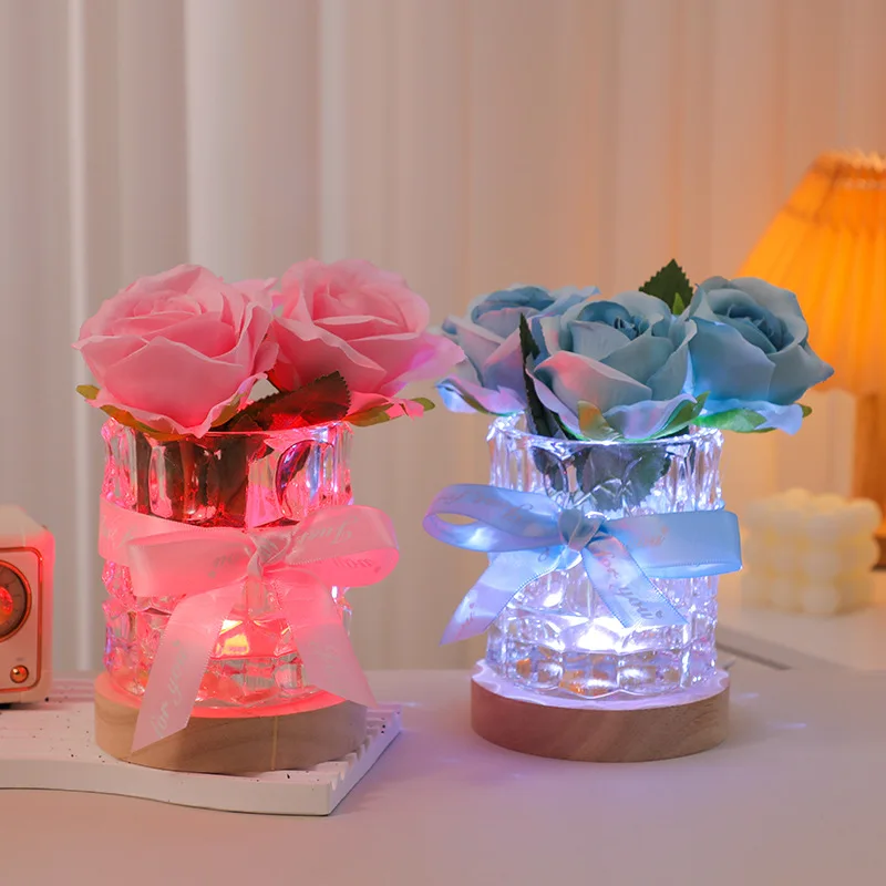 Customized Rose Glass Lamp with Light, Solid Wood Base, Living Room Bedroom Nightstand Decoration Ornament, Birthday