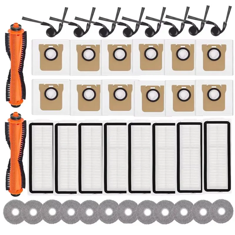 

Запасные части для робота-пылесоса Xiaomi 5 Pro/OV21CN: салфетки для влажной уборки, мешки для сбора пыли, HEPA-фильтр, боковая щетка, основная щетка.