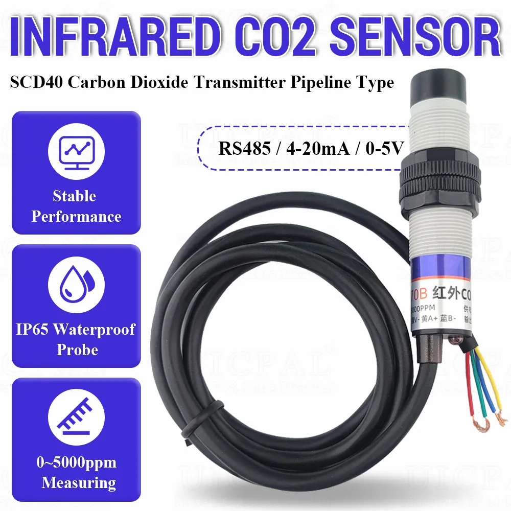 Infrared Rays Carbon Dioxide Sensor Module Pipe Measure CO2 Gas Concentration Sensing Transmitter IP65 IC SCD40 1M RS485 5000PPM