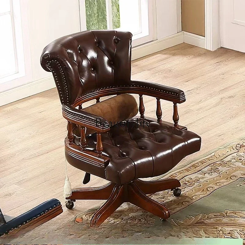 

American solid wood book chair leather office computer chair home leisure study class chair lifting retro European style