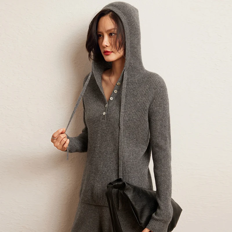 Autumn Winter Luxury Women's 100% Cashmere Hooded Sweater Soft Warm Pullover Popular Hoodie Jumpers Casual Female Knitwear Tops