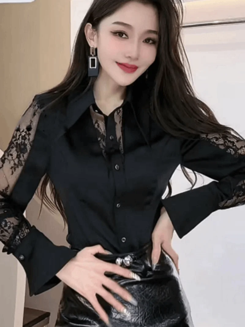 Korean Version Hepburn Style Fashionable Single Breasted Lace Long Sleeved Shirt for Women Small Fragrance Style Slimming Top