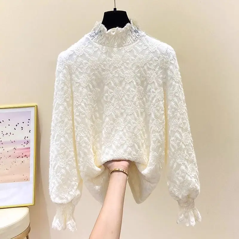 Women's Thick Lace Bottom Autumn Winter New Fashion Chic Solid Half High Neck Patchwork Ruched Long Sleeve Pullover Slim Tops