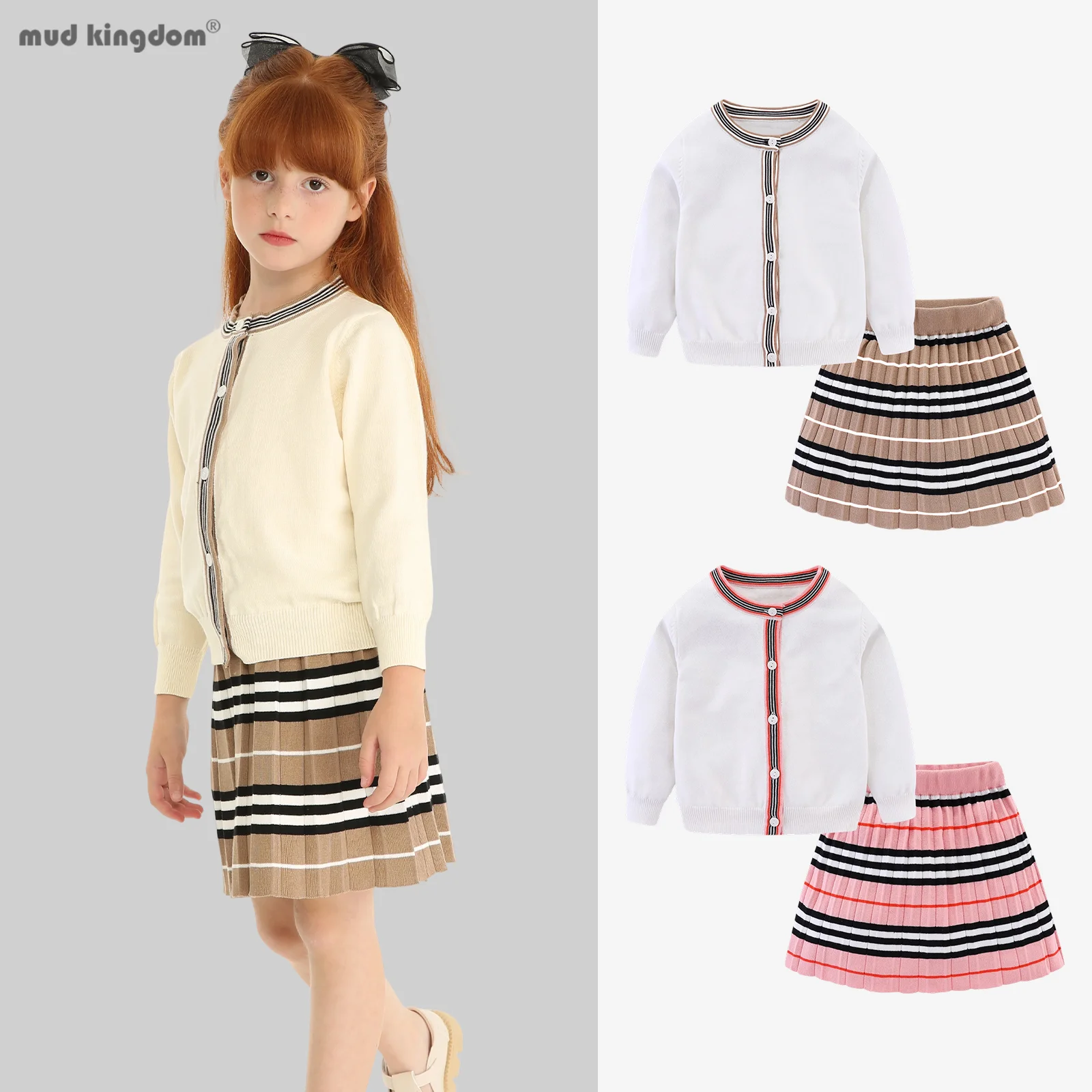 

Осенне-зимние комплекты свитеров Mudkingdom для девочек, розовые свитера, костюм для девочек, полосатые плиссированные юбки, детская одежда