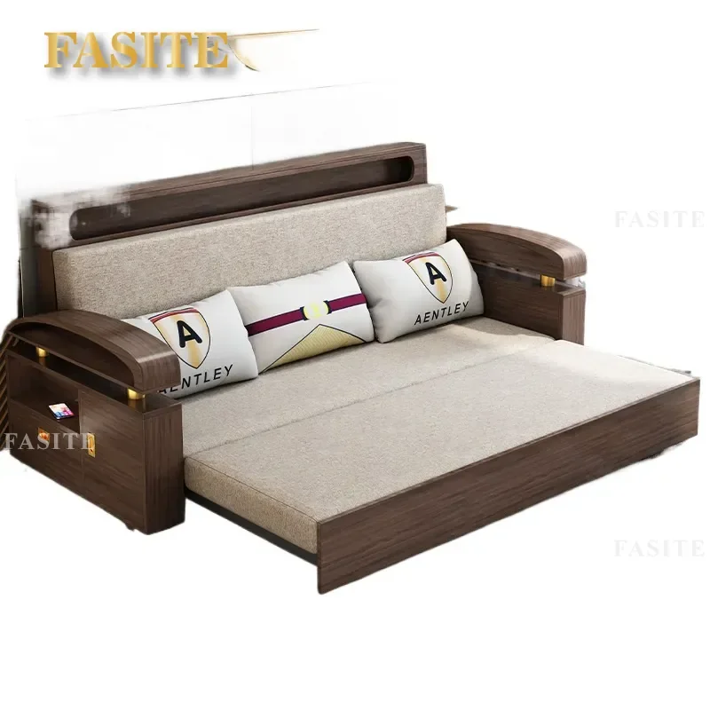 For Nordic Modern Folding Solid Wood Sofa Bed Small Apartment Living Room Dual Purpose Multi Functional Storage Three Person