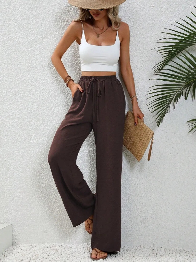 2025 spring and summer new all-in-one solid color mopping wide-leg trousers casual pants