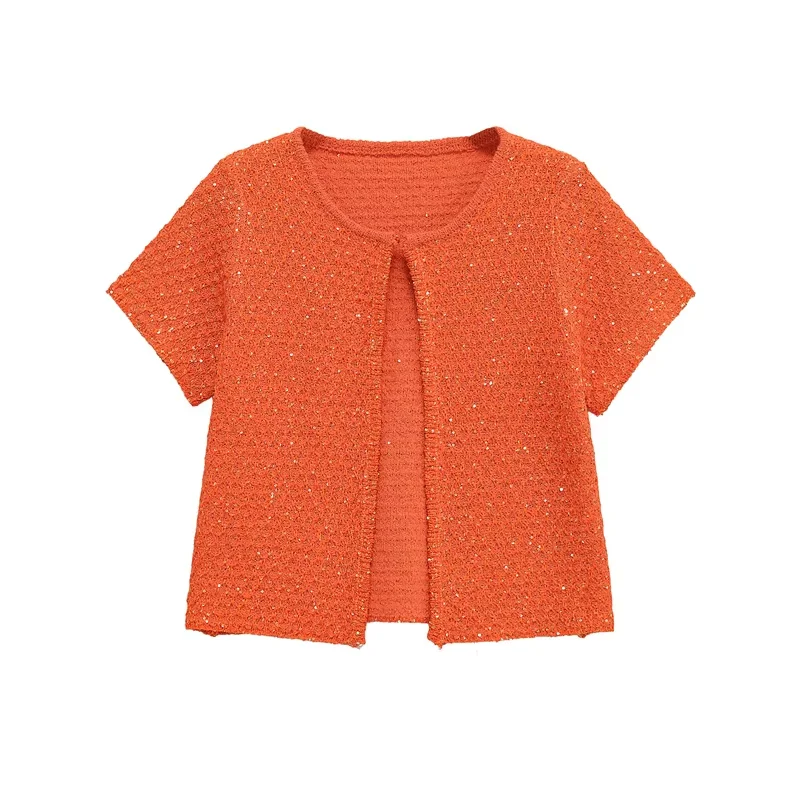 

Fashion Knit Sequined Cardigan For Women Short Sleeve O-neck One Button Glitter Sweater Top 2025 Summer Lady Y2K Orange Knitwear