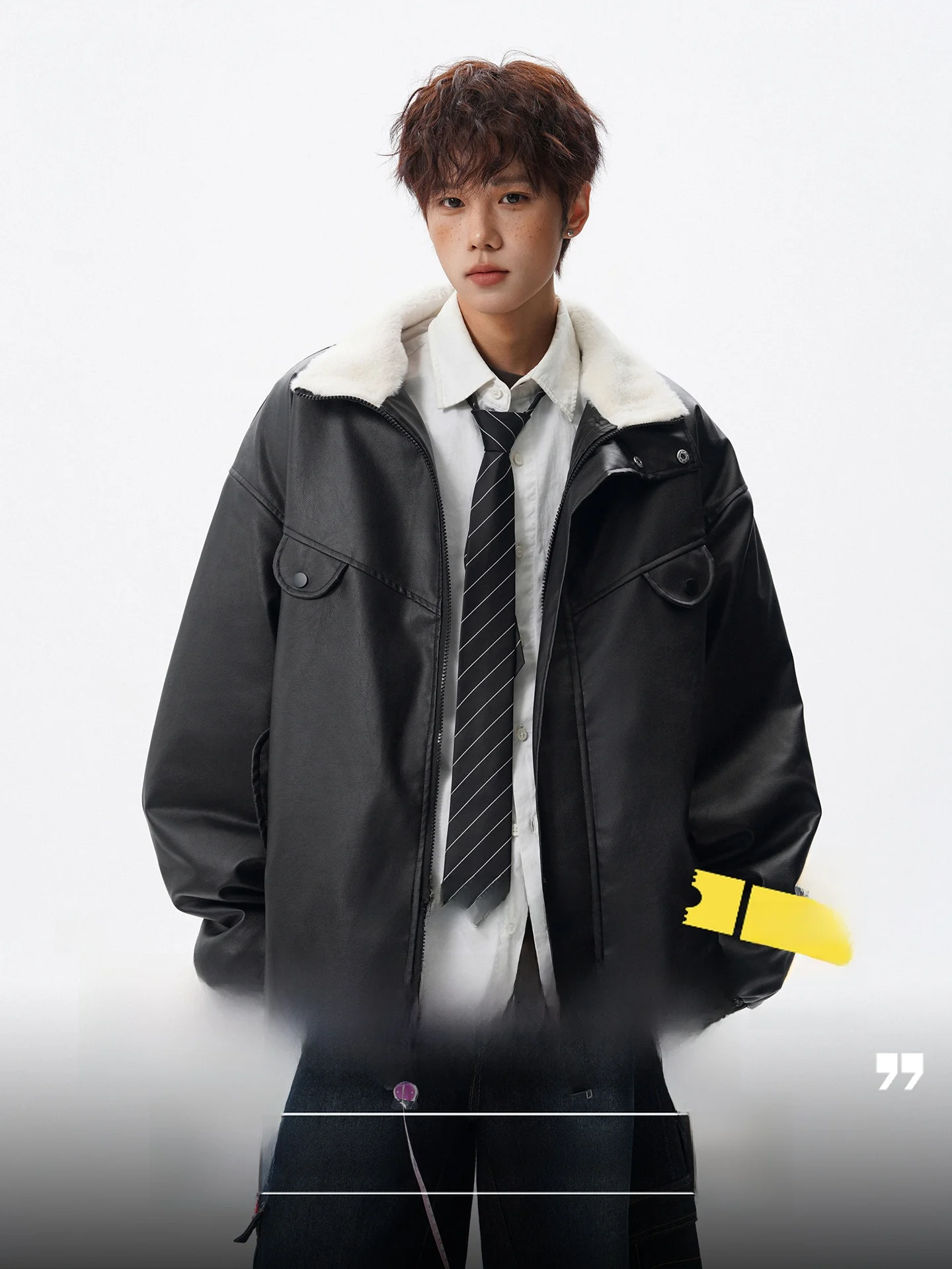 

American Sle Lamb Fur Collar Cotton Jaet Men Winter Trend Loose Casual Thiened Warm PU Leather Cotton Coat Outerwear