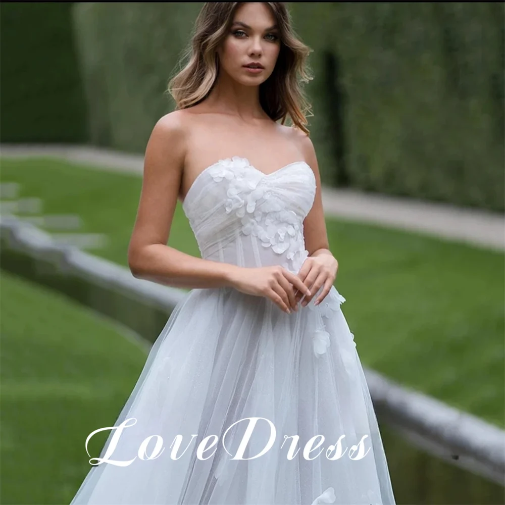 Amor-Sweetheart Sequins Tulle Vestido de Noiva, Strapless A-Line, Floor Length, Backless Vestidos De Noiva, Applique, Flores 3D, Elegante