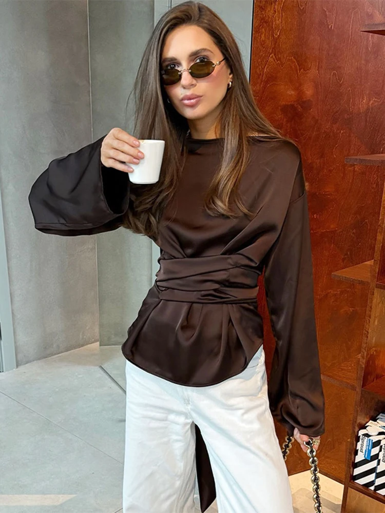 

Trendix Brown Lace Up Slim Blouse For Women's Winter Casual High Waist Long Sleeve Pullover Top Office Commute Bandage Tops
