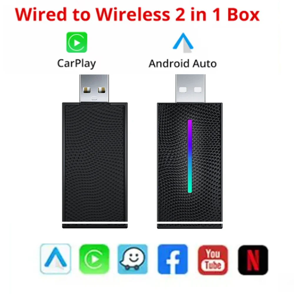 

Wireless Carplay&Android Auto AI Box Wired To Wireless Carpay Colorful atmosphere lights For Car Radio with Wired Carplay Box