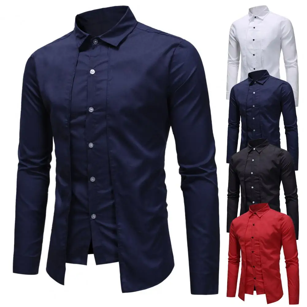 Men Shirt Lapel Single Breasted Solid Color Fake Two Pieces Long Sleeve Shirt For Work