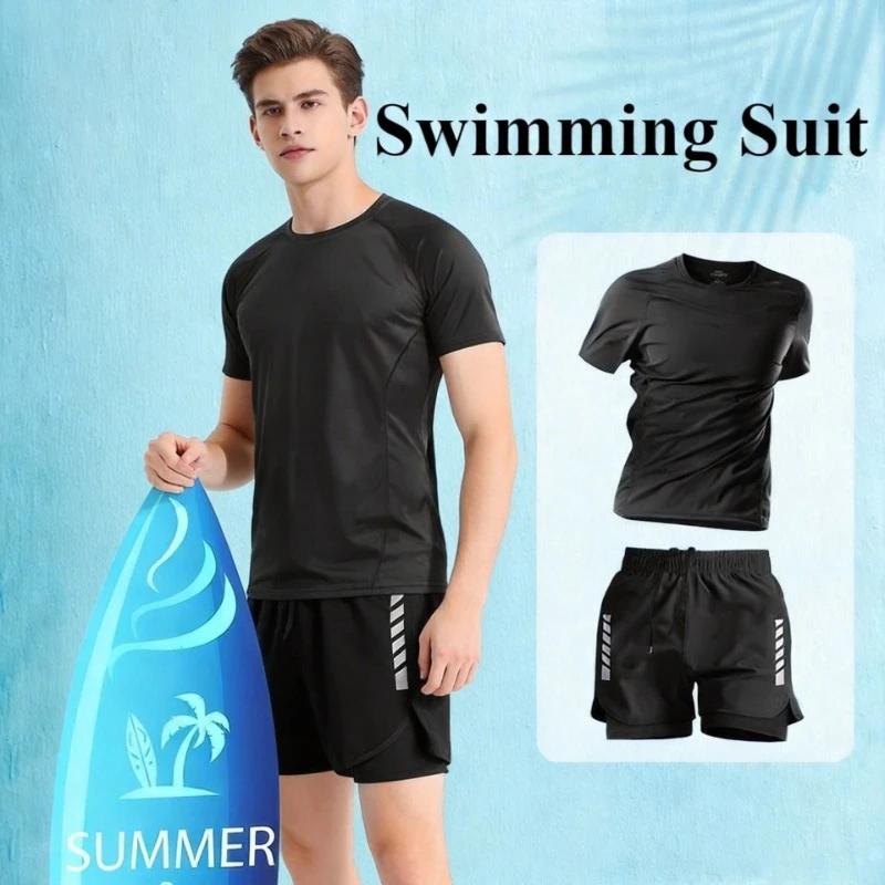 2026 Men Swimsuit O-Neck Short Sleeve Mid-rise Swimming Suit Printing Slim Fit T-shirt Two-Piece Separates Trucks Set Beachwear