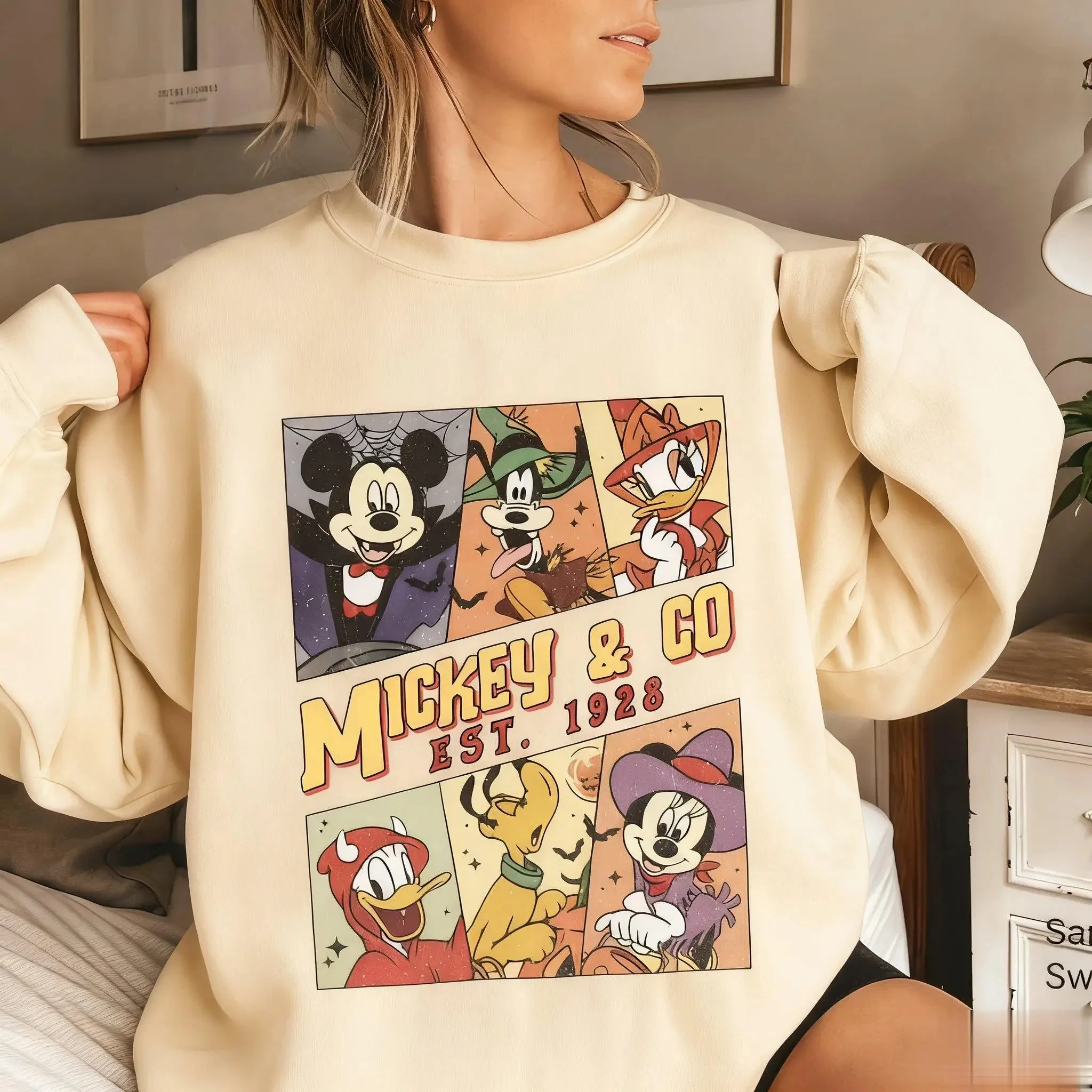 ميكي ماوس ديزني خمر طباعة كم طويل قميص المرأة رداء علوي غير رسمي Crewneck البلوز البلوز الشارع الشهير سترة Y2k الخريف