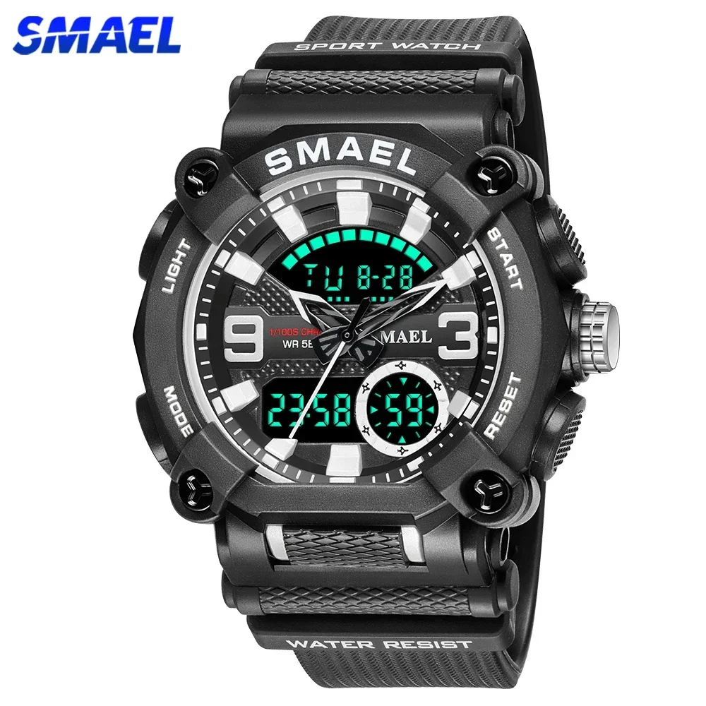 SMAEL Military Watch Men Army Sports Waterproof Big Dial Man Clock LED Light Week Display Quartz Wristwatch Digital Watches Mens