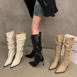 Oversized Barrel Circumference High-heeled Boots Girl Pointed Toe Knee High Wide Boots Women Shoes Solid Long Stacked Boots