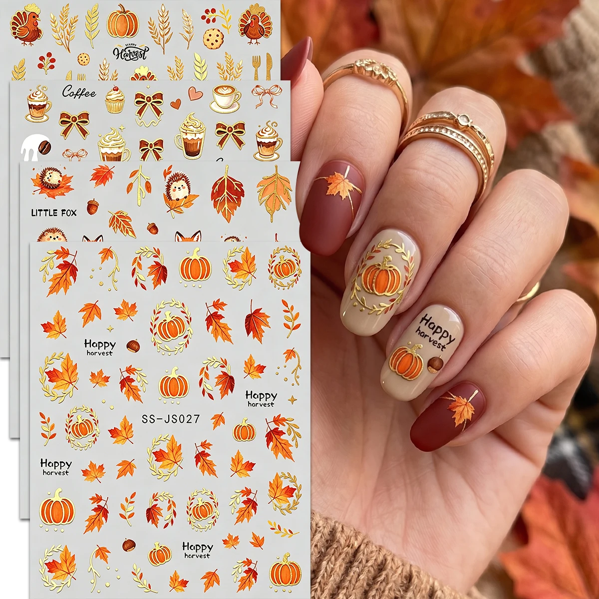 Metallische Herbst-Nagelkunst-Aufkleber, Niedliche Motive mit Fuchs, Eichhörnchen, Igel und Ahornblättern, Retro Orange-Gold Herbst-Thema