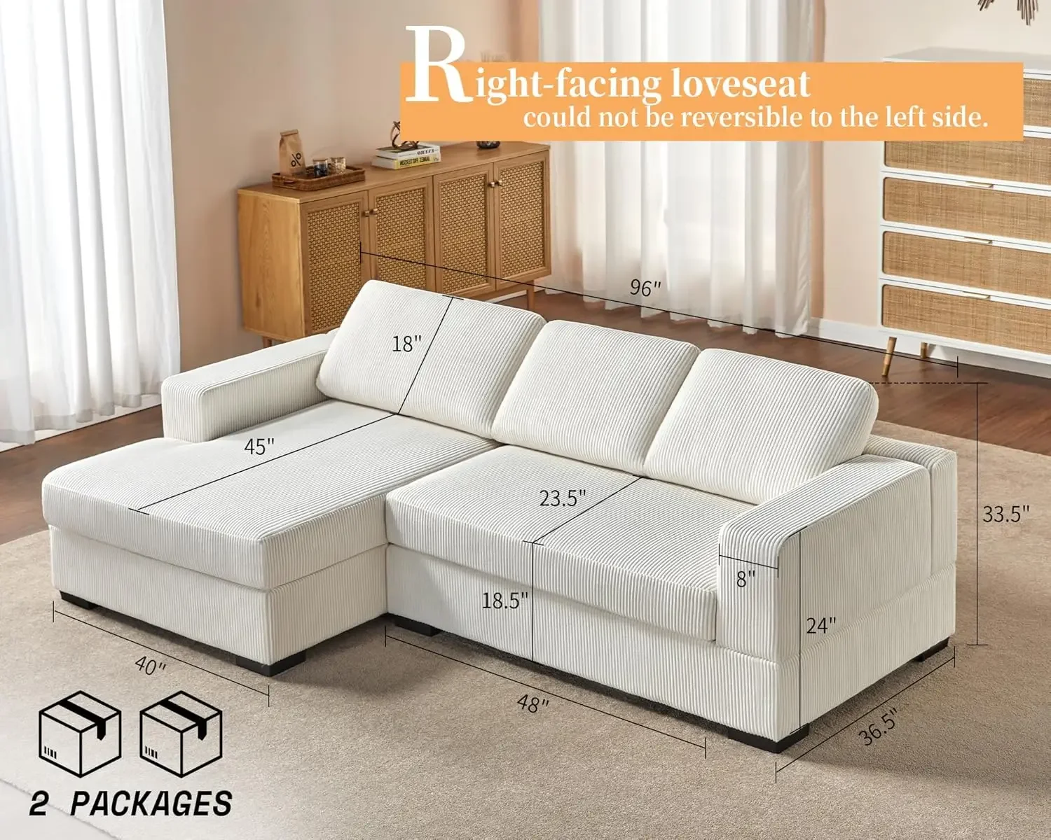 

96 Inch Oversized Sectional Sofa, Modern Couch with Chaise, Comfy Sofa Couch with Left Chaise, White Corduroy Sofa