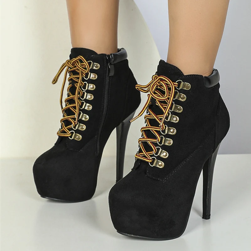 Liyke New Fashion Round Toe Lace Up Zip Women Platform Boots Stiletto Heels Stripper Pole Dance Shoes Autumn Winter Ankle Boot
