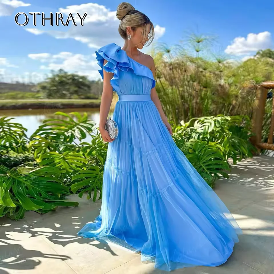 Lange Ruches Eén Schouder Tule Avondjurken Sjerp Mouwloos Formele Feestjurken voor Vrouwen فسات Mustaة Op maat