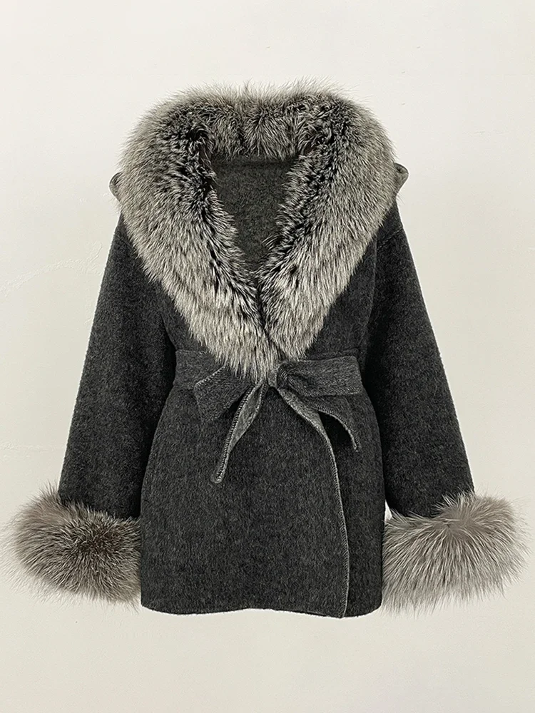 2025 New Winter Clothing Women Commute Belt Real Fur Wool Coat Female Fashion Outerwears Natural Fox Fur Woolen Jacket