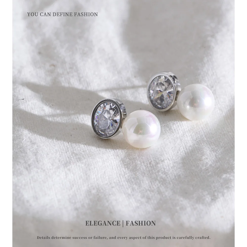 NiNice Simulated Pearls Zirconia Round Stud Earrings for Women Stainless Steel Delicate Chic Fashion Elegant Jewelry Gift