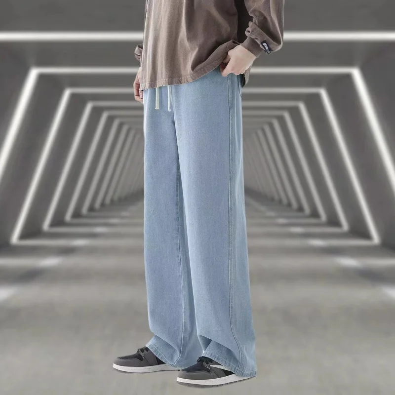 

2025 новые корейские мужские повседневные длинные джинсы, классические мужские прямые джинсовые широкие брюки, однотонные светло-голубые, серые, черные