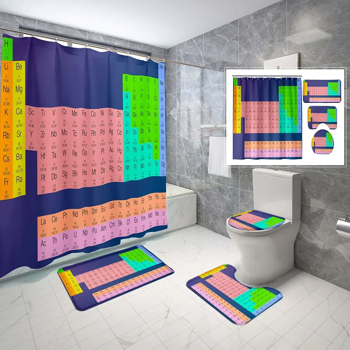 

Periodic Table of Elements Shower Curtain 4-Piece Set with Non-Slip Rugs, Toilet Lid Cover Science Chemistry Theme Bath Curtain