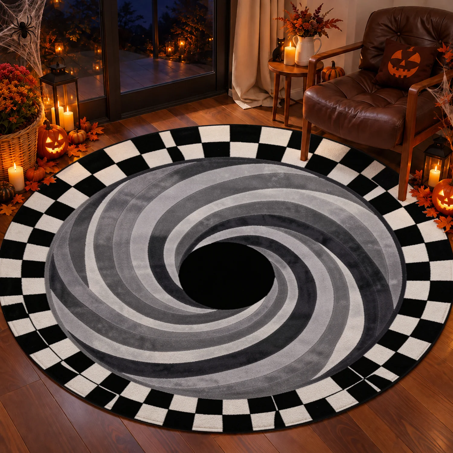 Black White Spiral Checkered Pattern Round Velvet Rug, Machine Washable, Stable Placement, Suitable for Living Room, Bedroom, Dining Area, Office, Ideal for Halloween, Thanksgiving, Black Friday, Cyber Monday, Christmas, New Year Home Decor