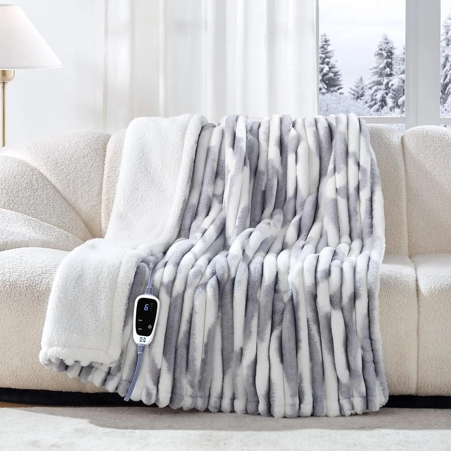 

Electric Heated Blanket Throw 50"x60", Reversible Faux Fur to Sherpa, 6 Heat Levels & Auto Off, Machine Washable, Blue White