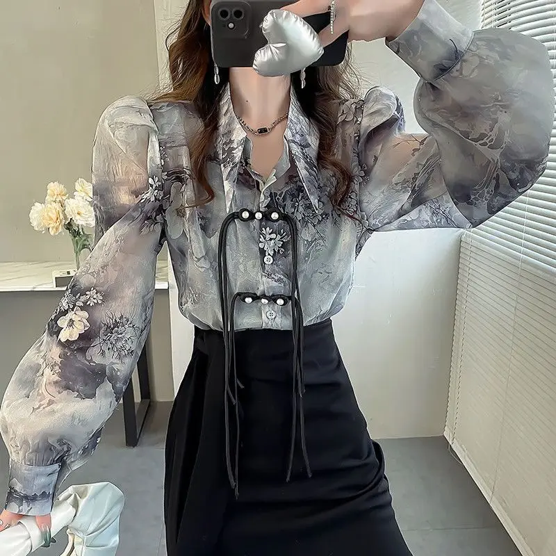 

Женская стильная винтажная рубашка с цветочным принтом в китайском стиле, элегантная шифоновая блузка с лацканами, свободные топы с длинными рукавами, Camisas De Mujer