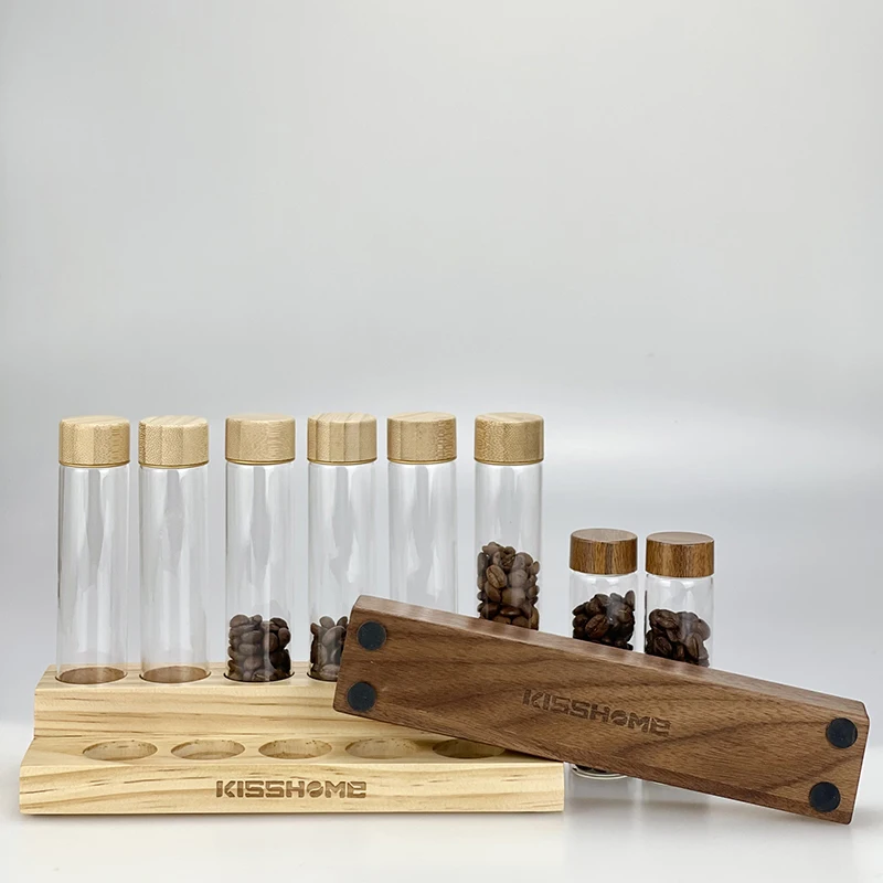 Coffee Beans Storage Container Display Rack Walnut Coffee Tea Tube Bottle Glass Espresso Coffee Accessories Tools Coffeware Sets