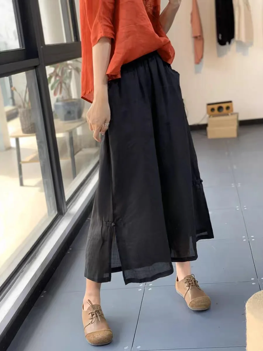 New Chinese Sle Wide Leg Pants Women's Summer Casual Vintage Cotton Linen Split High Waist Nine Points Skirt Pants