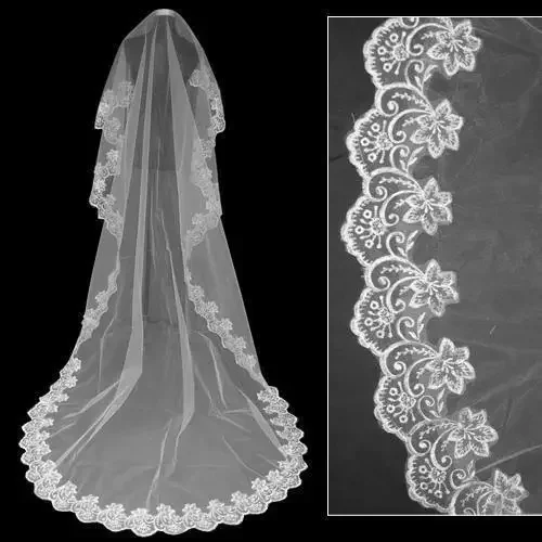 High Quality Cathedral Wedding Bridal Veil  Lace Edge Long Train