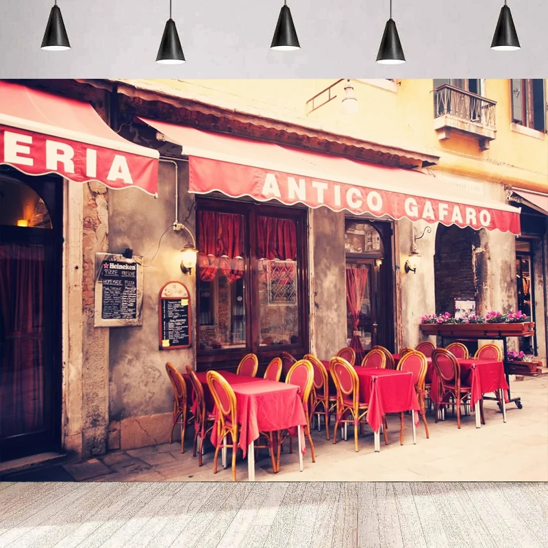 Vintage Venice Italy Photography Backdrop Retro Street Restaurant Cafe Bar With Red Tables Chairs Background Wall Poster Banner