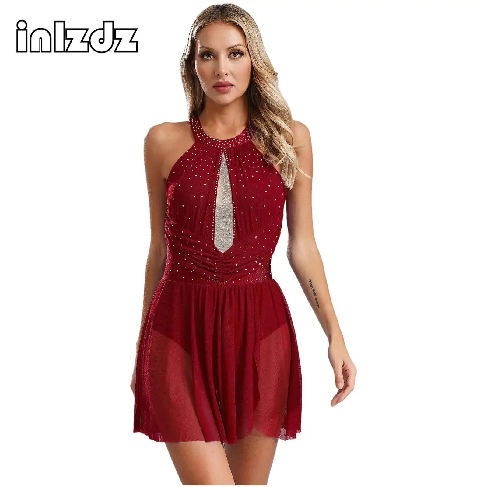 

Womens Figure Skating Dance Dress Set Hollow Out Backless Rhinestone Built-in Briefs with Full-finger Gloves Performances Wear