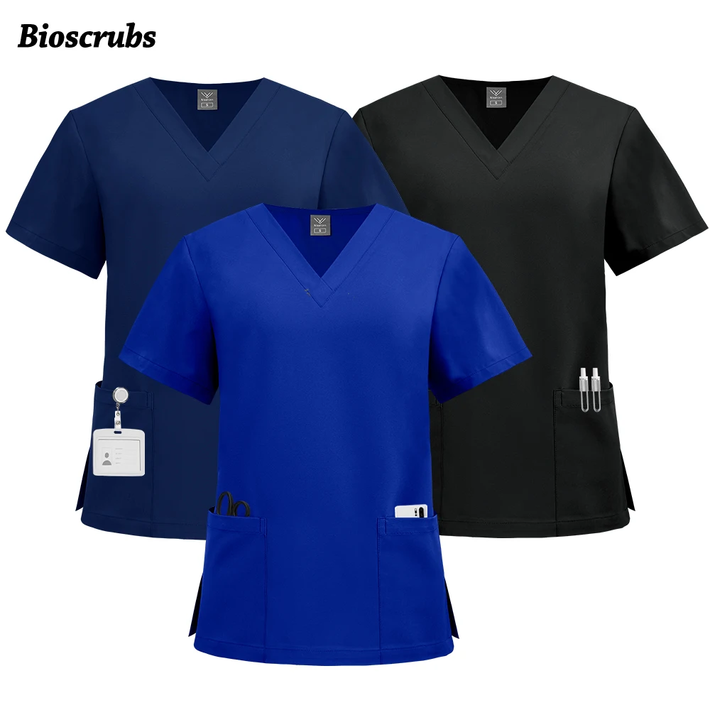 High Quality Medical Clothing for Women Men Pockets Quick Drying Solid Color Work Shirt Doctor Nurse Blouse Wholesale Scrubs Top